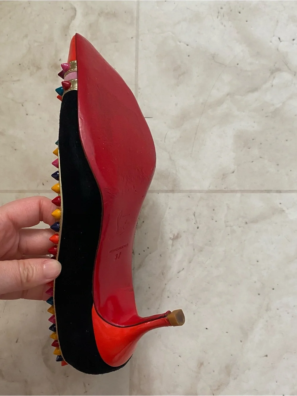 $1,095 Christian Louboutin Black Suede Leather Malabar Hill Spiked Pumps Heels 7